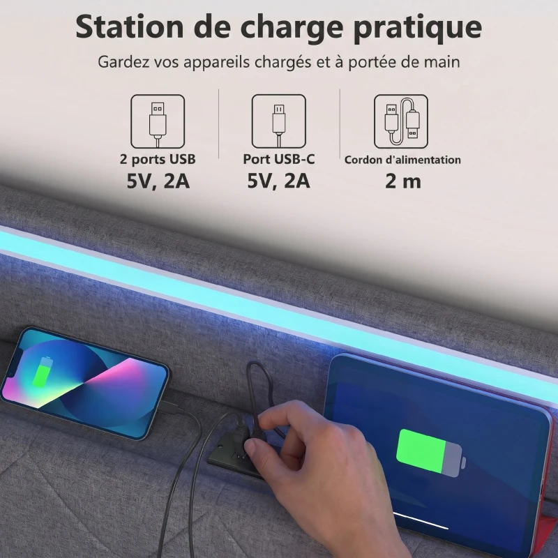 HOMCOM Lit coffre 140x190cm éclairage LED et station de charge cadre de lit double rembourré lin rangement hydraulique gris