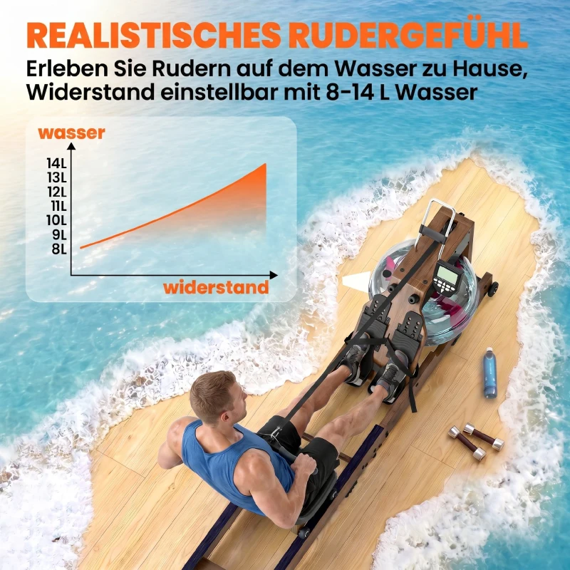 SPORTNOW Wasser Rudergerät für Zuhause Gummiholz Klappbar mit Bluetooth APP Doppel-Aluminiumschienen LCD Display bis 158 kg