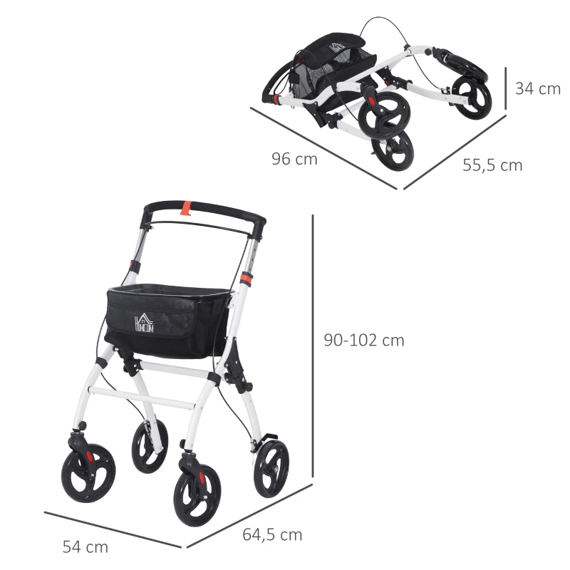 HOMCOM Andador para Personas Mayores Plegable de Aluminio con 4 Ruedas Bandeja Altura Ajustable Frenos de Maneta Blanco