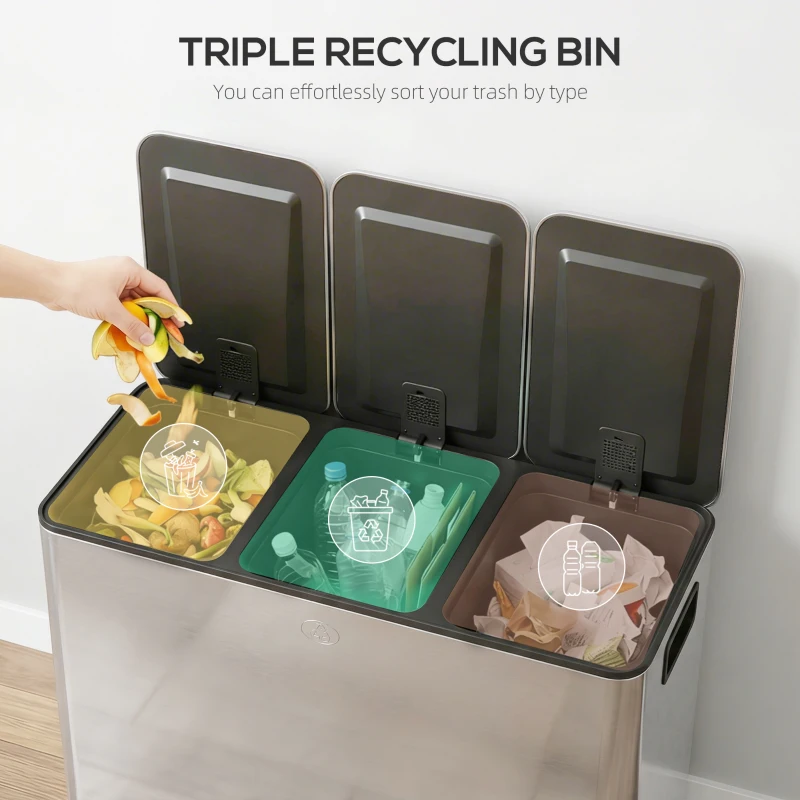 HOMCOM 3 x 20L Pedal Bin, Steel Triple Kitchen Bin with Soft Close Lid, Removable Inner Buckets, Fingerprint-Proof, Silver Tone