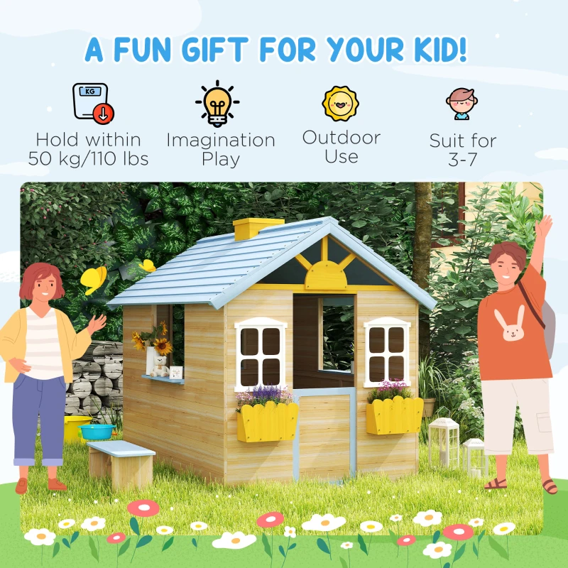 Outsunny Wooden Playhouse, Wendy House with Door, Bench, Flowerpot Holder, for Ages 3-7 Years, Blue