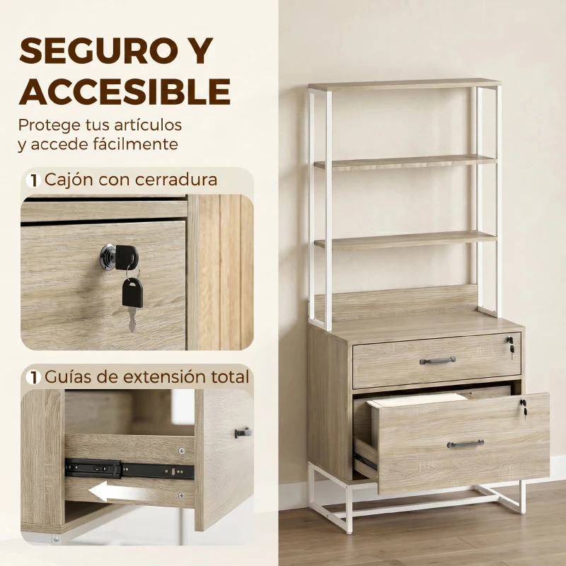 HOMCOM Mueble Archivador con Estantería 2 Cajones Encimera para Impresora Cerradura para A4 Letter Legal Roble