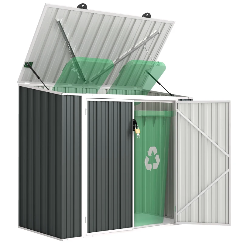 Outsunny 5ft x 3ft Garden 2-Bin Steel Storage Shed, Double Rubbish Storage Shed, Hide Dustbin w/ Locking Doors and Openable Lid