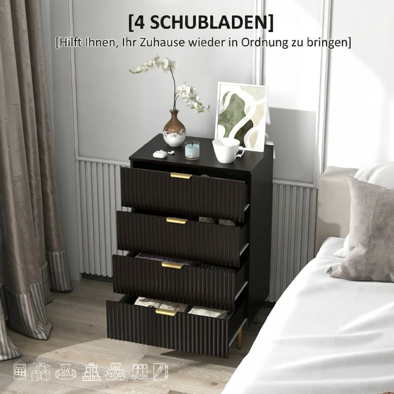 HOMCOM Commode 4 tiroirs commode chambre meuble de rangement moderne avec poignées et pieds dorés, dim. 60 x 40 x 96 cm, noir