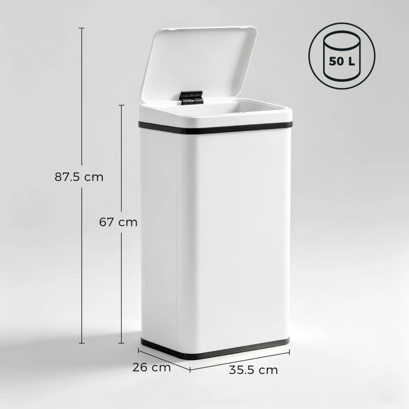 HOMCOM 50L Sensor Bin with Soft-Close Lid, Stainless Steel Automatic Touchless Motion Sensor Kitchen Bin, White