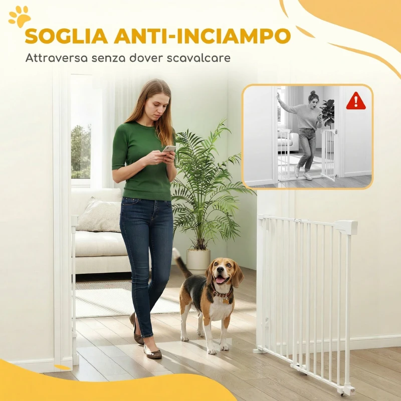 PawHut Cancelletto di Sicurezza per Cani, 74.5-111.5x74.5 cm, Scale, Chiusura Automatica, Apertura con Una Mano, Bianco