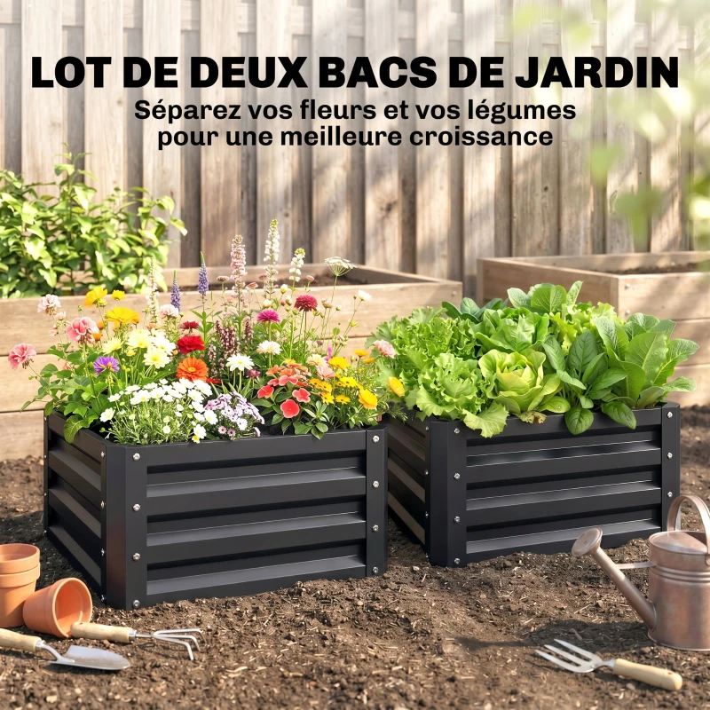 Outsunny Lot de 2 jardinières surélevées, carre potager de jardin pour légumes, fleurs, acier galvanisé 60 x 60 x 30,5 cm, gris