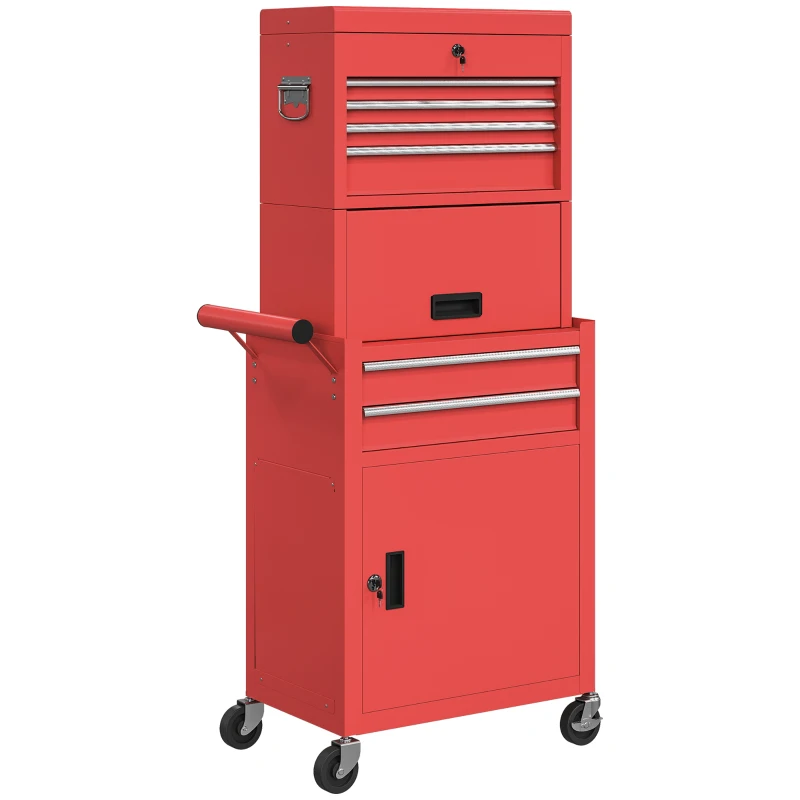 HOMCOM Armoire d'outils roulante, 6 tiroirs, 2 armoires, acier, verrouillable, Rouge