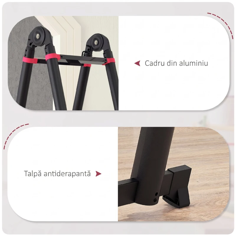 HOMCOM Scara Telescopica din Aluminiu si Nailon cu 12 Trepte cu Design Pliabil, 379x67.5x11 cm, Negru si Rosu