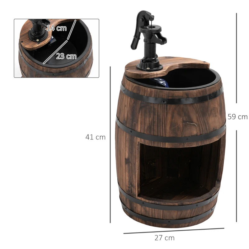 Outsunny Gartenbrunnen Zierbrunnen Springbrunnen Fassbrunnen Wasserfall Holzfass mit Pflanzgefäß Tannenholz Dunkelbraun Ø27 x 59 cm