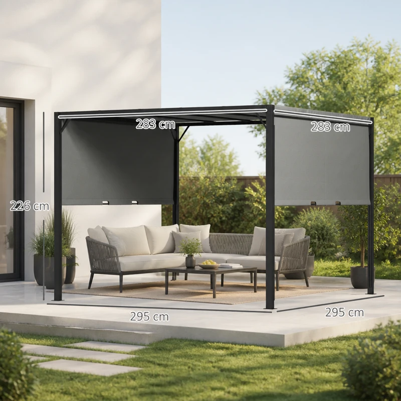 Outsunny 3 X 3 Meters Pergola with Sliding Roof, Garden Gazebo with Adjustable Sun Shade Canopy and Steel Frame, Charcoal Grey
