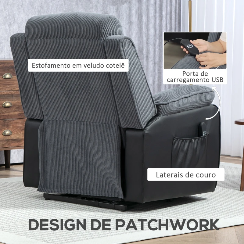 HOMCOM Poltrona Relax Reclinável Elétrica Levanta Pessoas com Controlo Remoto, Porta USB e Bolsos Laterais Cinzento Escuro