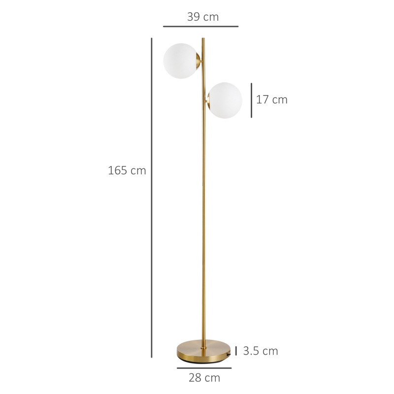 HOMCOM Lampă de Podea cu 2 Lumini și Abajururi Sferice, Comutator de Picior și Soclu E27, Ø28x165 cm, Aur