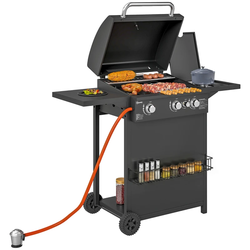 Outsunny Barbacoa de Gas con 3 Quemadores Parrilla para 5-9 Personas Quemador Lateral Termómetro y Ruedas 123x58x98 cm Negro
