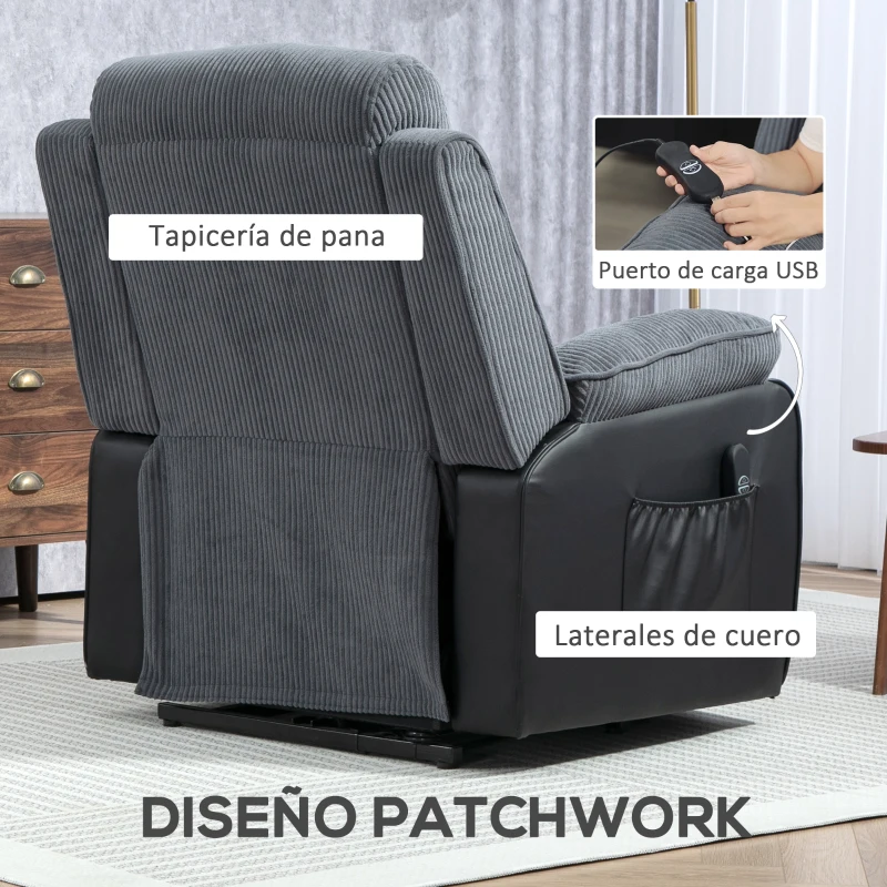 HOMCOM Sillón Relax Reclinable Eléctrico Levanta Personas con Mando a Distancia Puerto USB y Bolsillos Laterales Gris Oscuro