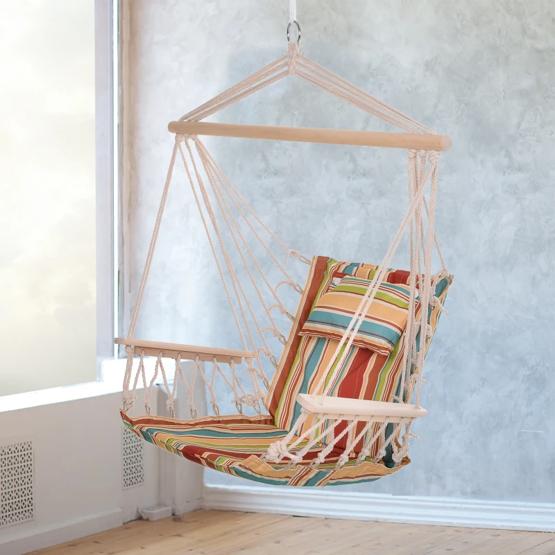 Outsunny Chaise suspendue hamac de voyage respirant portable 100 x 106 cm coton macramé polyester multicolore rayé