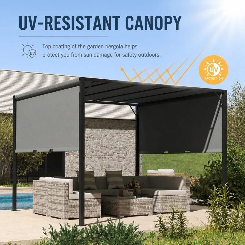 Outsunny 3 X 3 Meters Pergola with Sliding Roof, Garden Gazebo with Adjustable Sun Shade Canopy and Steel Frame, Charcoal Grey