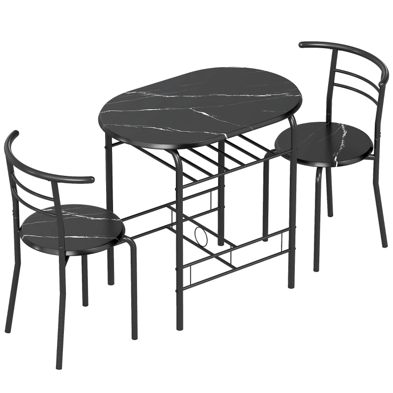 HOMCOM Ensemble salle à manger 3 pièces, table de cuisine et chaises pour 2 personnes avec étagère, salon, effet marbre noir