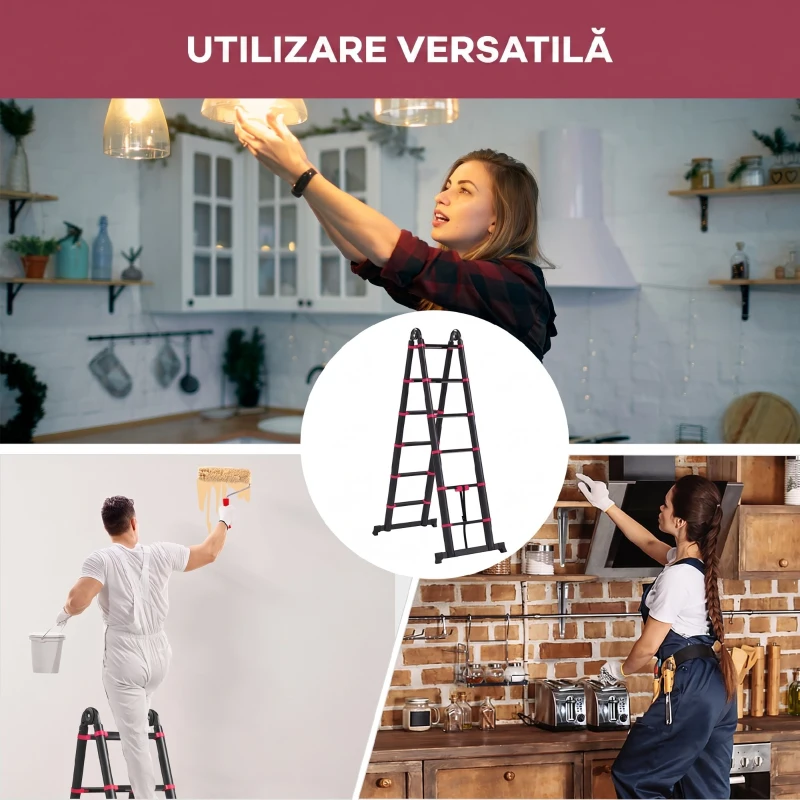 HOMCOM Scara Telescopica din Aluminiu si Nailon cu 12 Trepte cu Design Pliabil, 379x67.5x11 cm, Negru si Rosu