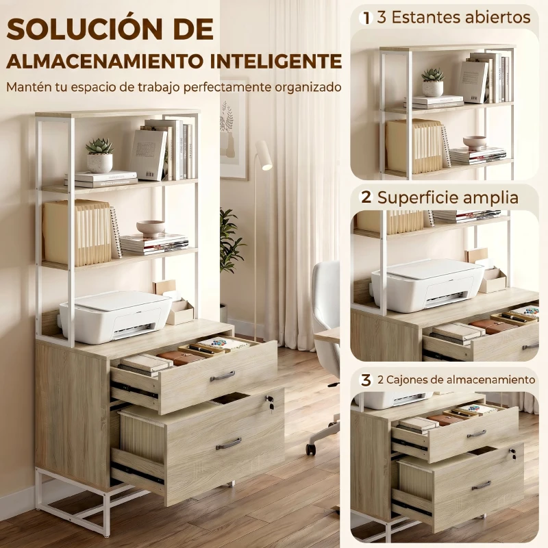 HOMCOM Mueble Archivador con Estantería 2 Cajones Encimera para Impresora Cerradura para A4 Letter Legal Roble