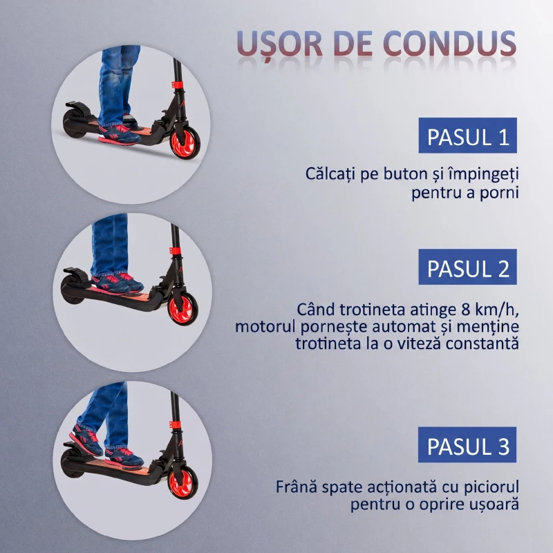 HOMCOM Trotinetă Electrică Pliabilă pentru Copii 6+ Ani, cu Înălțime Reglabilă, 71x36.5x75-80 cm, Negru și Roșu