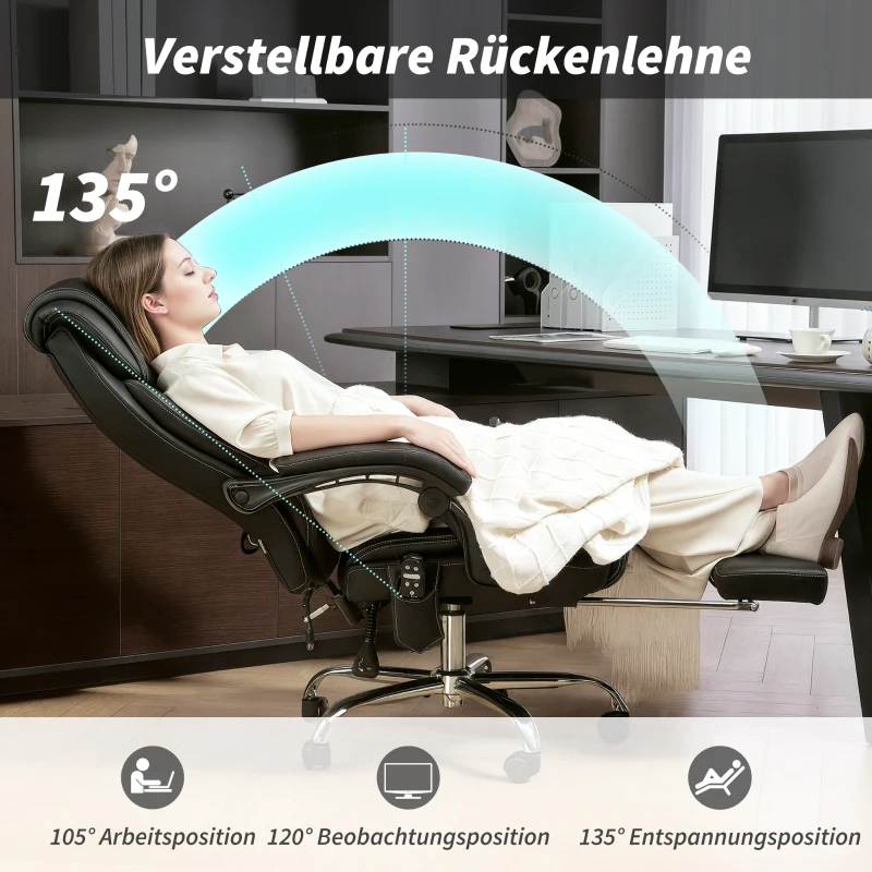 HOMCOM Bürostuhl Ergonomisch mit Massagefunktion Schreibtischstuhl mit Fußstütze, Kunstleder Schwarz
