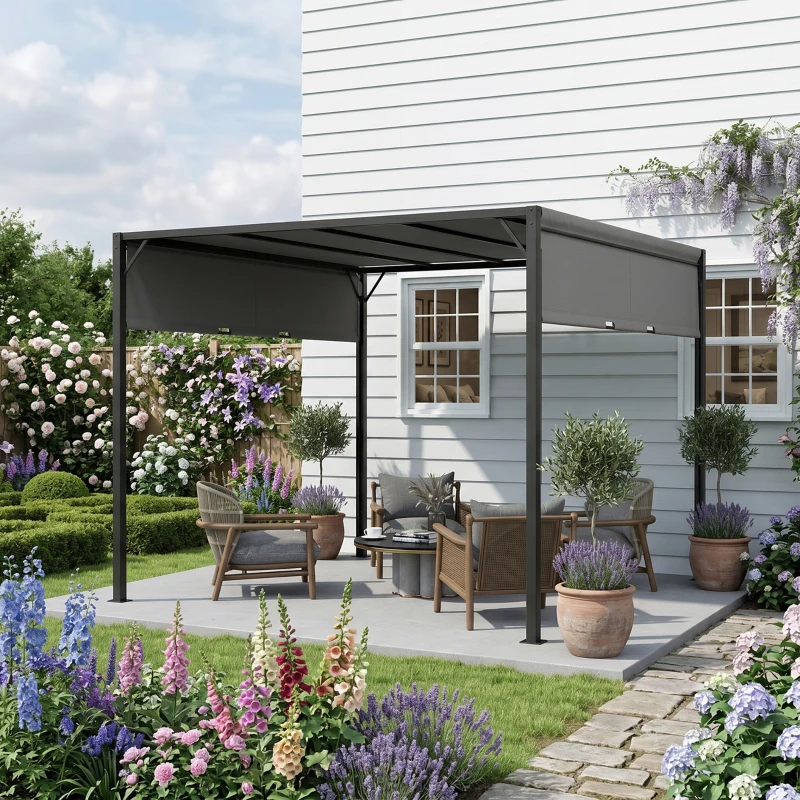 Outsunny 3 X 3 Meters Pergola with Sliding Roof, Garden Gazebo with Adjustable Sun Shade Canopy and Steel Frame, Charcoal Grey