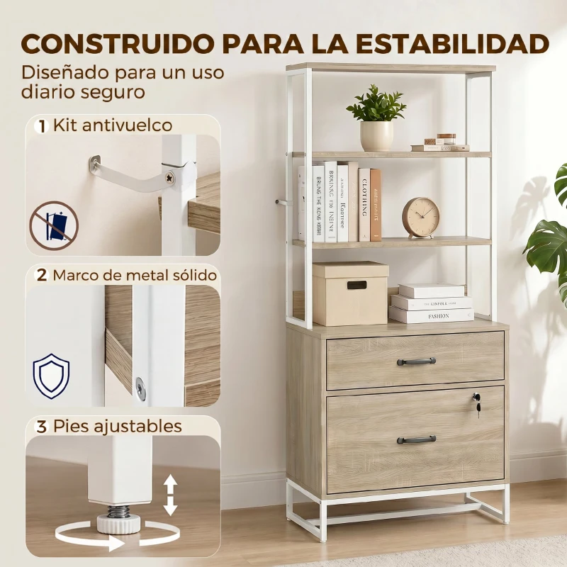 HOMCOM Mueble Archivador con Estantería 2 Cajones Encimera para Impresora Cerradura para A4 Letter Legal Roble