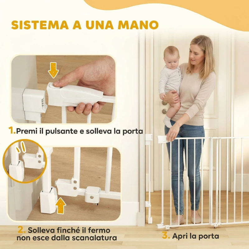 PawHut Cancelletto di Sicurezza per Cani, 74.5-111.5x74.5 cm, Scale, Chiusura Automatica, Apertura con Una Mano, Bianco