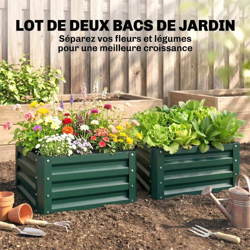 Outsunny Lot de 2 jardinières surélevées, carre potager de jardin pour légumes, fleurs, acier galvanisé 60 x 60 x 30,5 cm, vert