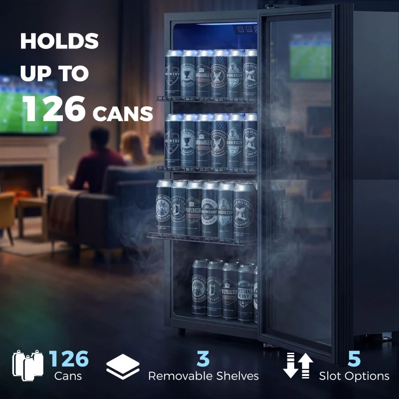 HOMCOM 90L Drinks Fridge, 139 Can Under Counter Freestanding Beer Fridge with LED Light