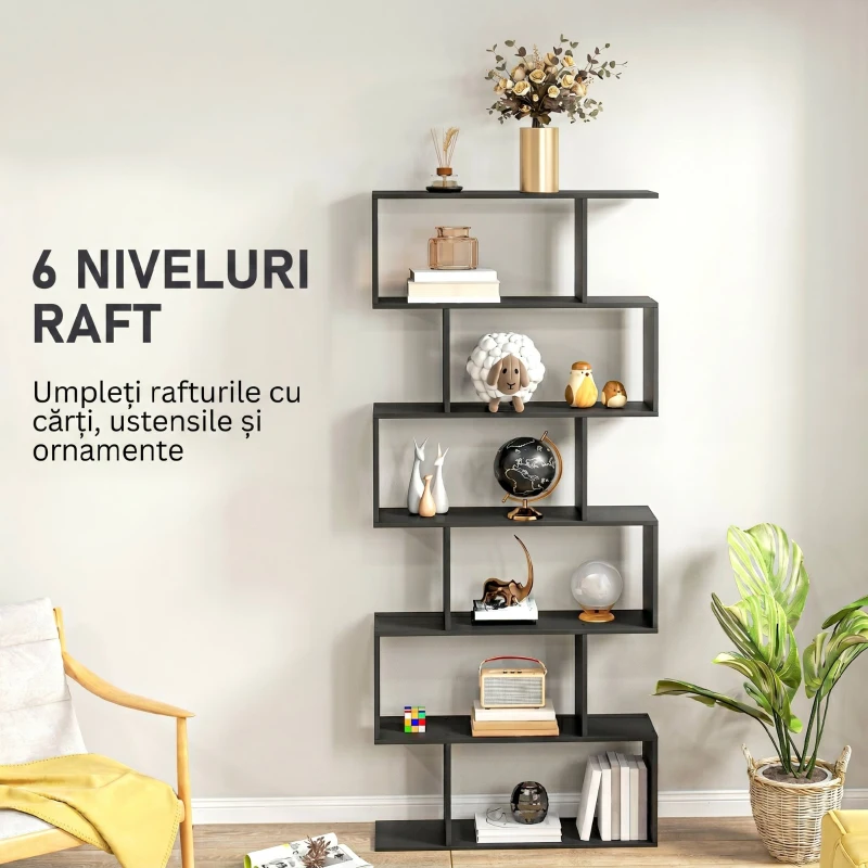 HOMCOM Bibliotecă din Lemn, Design Modern cu 6 Rafturi, 80x23x192 cm, Negru