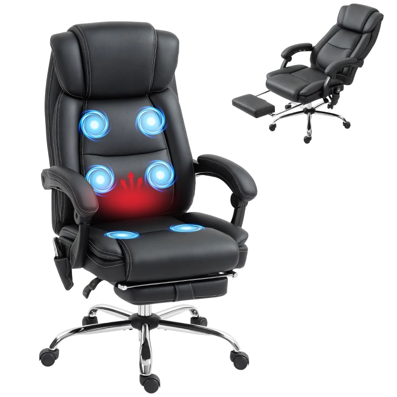 HOMCOM Bürostuhl Ergonomisch mit Massagefunktion Schreibtischstuhl mit Fußstütze, Kunstleder Schwarz