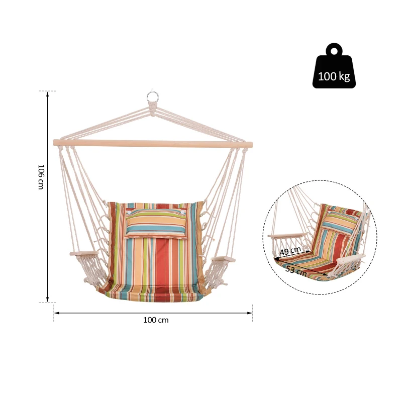 Outsunny Chaise suspendue hamac de voyage respirant portable 100 x 106 cm coton macramé polyester multicolore rayé