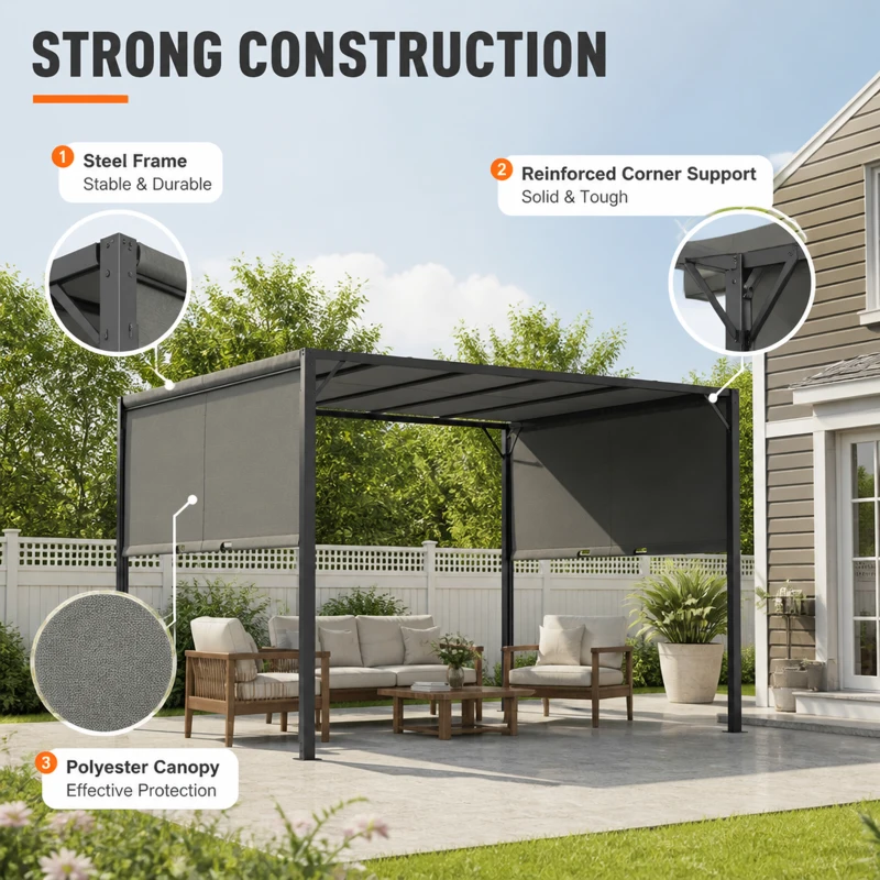 Outsunny 3 X 3 Meters Pergola with Sliding Roof, Garden Gazebo with Adjustable Sun Shade Canopy and Steel Frame, Charcoal Grey