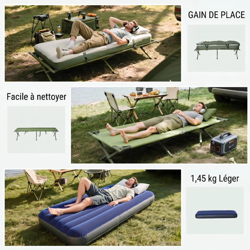4 en 1 tente surélevée avec lit de camping pliable +sac de couchage +matelas pneumatique+pompe