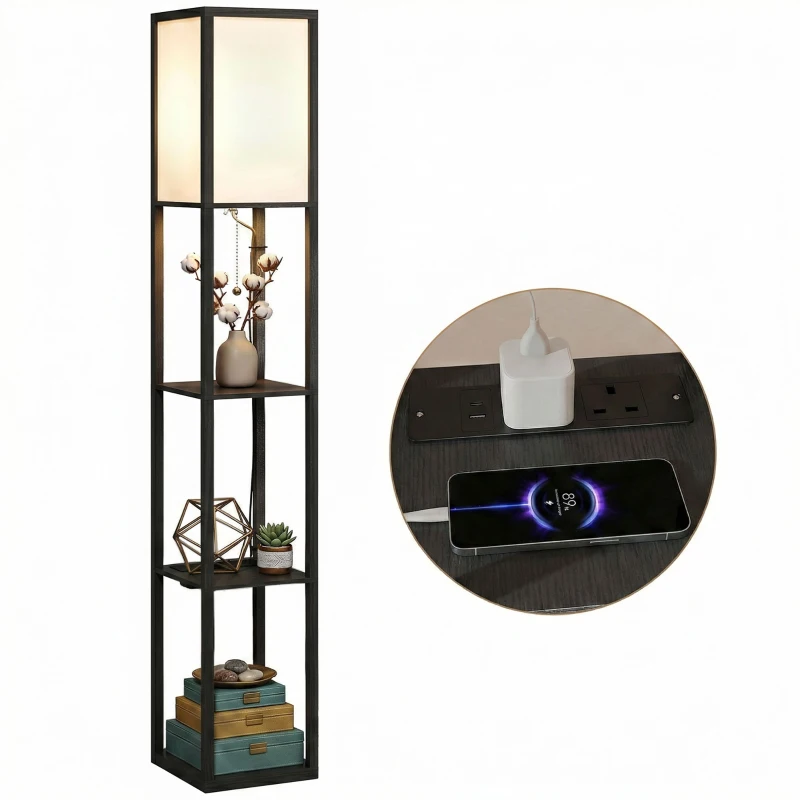 HOMCOM Floor Lamp with Shelves, 3 Layer Column Modern Standing Lamp for Living Room, Bedroom, Office, Black