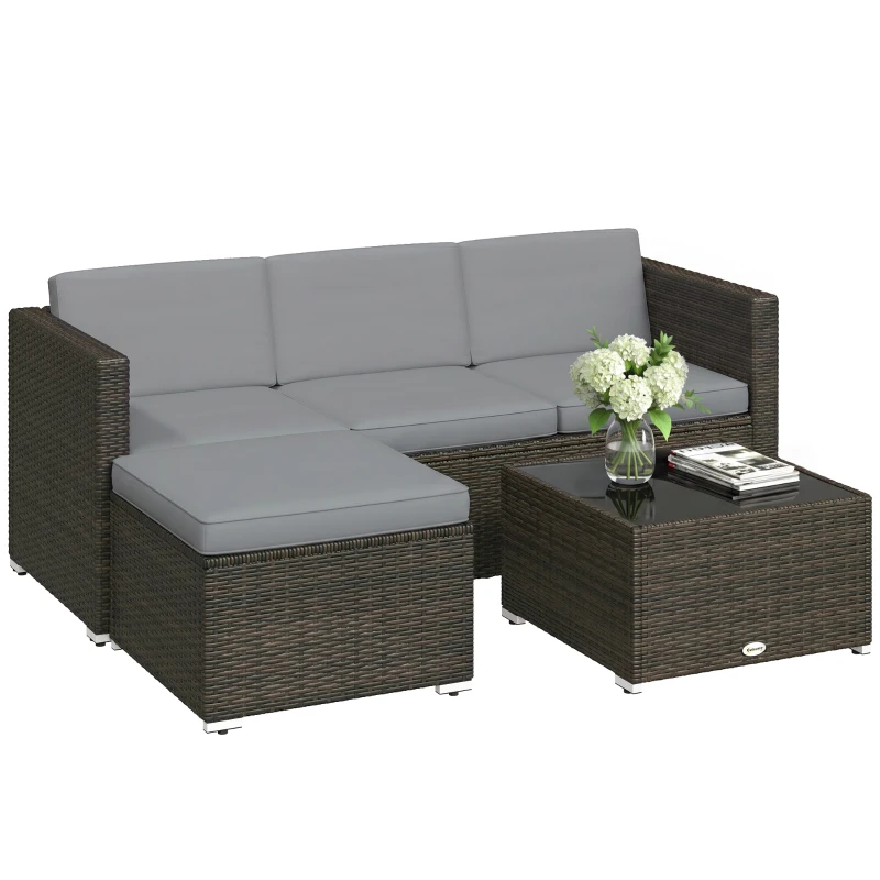 Outsunny 3 Pieces Garden Furniture Set w/ Cushions, PE Rattan Wicker Conversation Corner Sofa Set, Light Grey