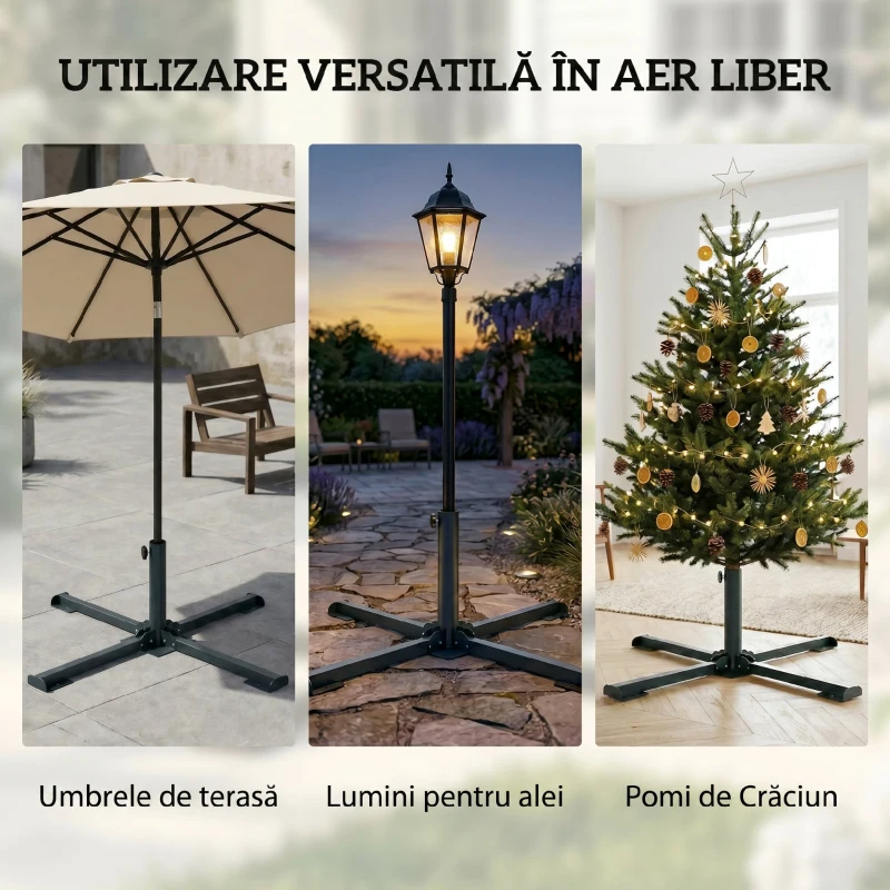 Outsunny Bază Pliabilă în Formă de Cruce pentru Umbrele de 38 mm și 48 mm, Suport Metalic Rezistent pentru Brazi de Crăciun, Umbrele de Grădină, Patio, Plajă, Gri Închis