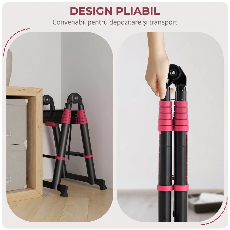 HOMCOM Scara Telescopica din Aluminiu si Nailon cu 12 Trepte cu Design Pliabil, 379x67.5x11 cm, Negru si Rosu
