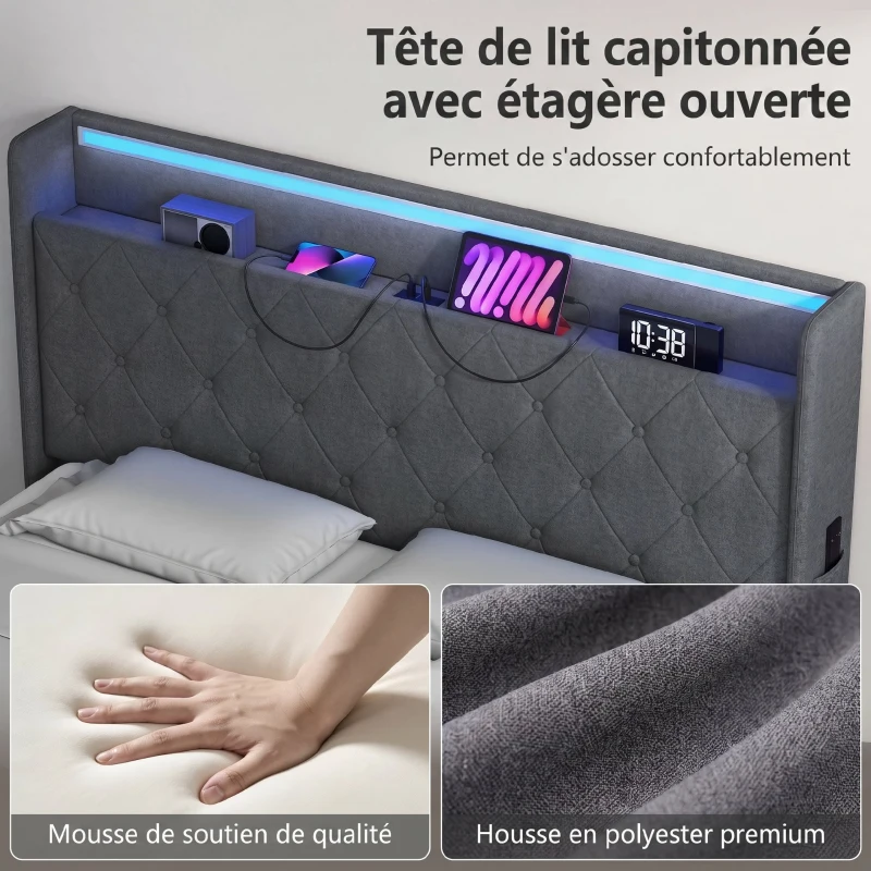 HOMCOM Lit coffre 140x190cm éclairage LED et station de charge cadre de lit double rembourré lin rangement hydraulique gris