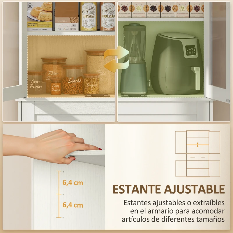 HOMCOM Mueble Auxiliar de Cocina con 2 Puertas de Acrílico Cajón Grande Estantes Ajustables 76x40x182,5 cm Crema