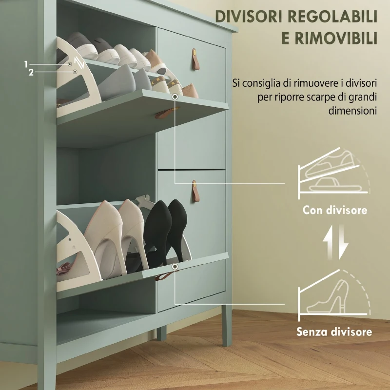 HOMCOM Scarpiera Slim 4 Cassetti per 20 Paia di Scarpe Taglia EU44 e Ripiani Regolabili, 105x24x95.5cm, Verde