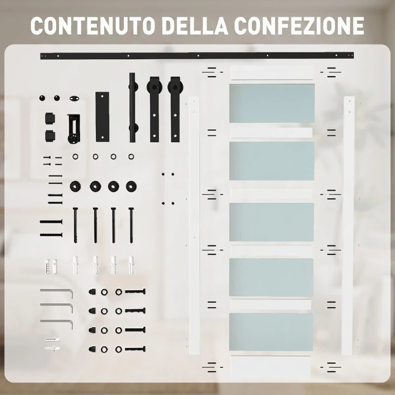 HOMCOM Porta Scorrevole Interno in Stile Rustico con Binario Silenzioso, Kit Ferramenta e Maniglia, Bianco