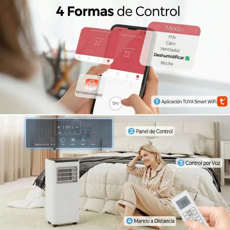 HOMCOM Aire Acondicionado Portátil 10.000 BTU 4 en 1 Enfriamiento Deshumidificador Ventilador con WiFi para 30 m² Blanco