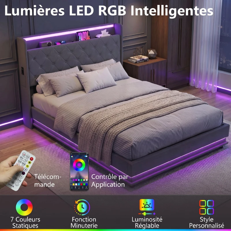 HOMCOM Lit coffre 140x190cm éclairage LED et station de charge cadre de lit double rembourré lin rangement hydraulique gris