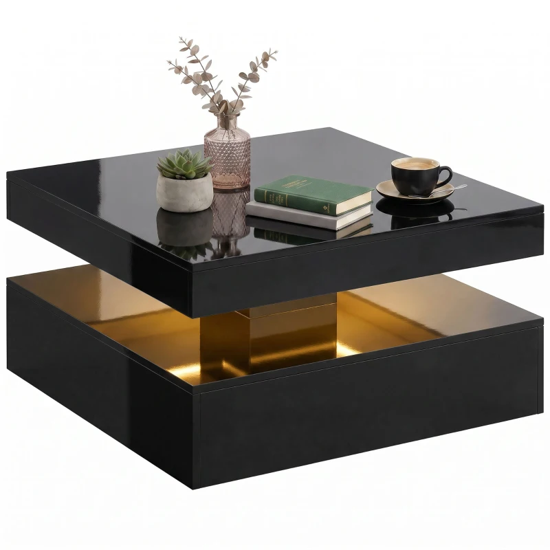 HOMCOM LED Coffee Table with Storage, 2-Tier Modern Centre Table with Open Shelf and Remote for Living Room, High Gloss Black