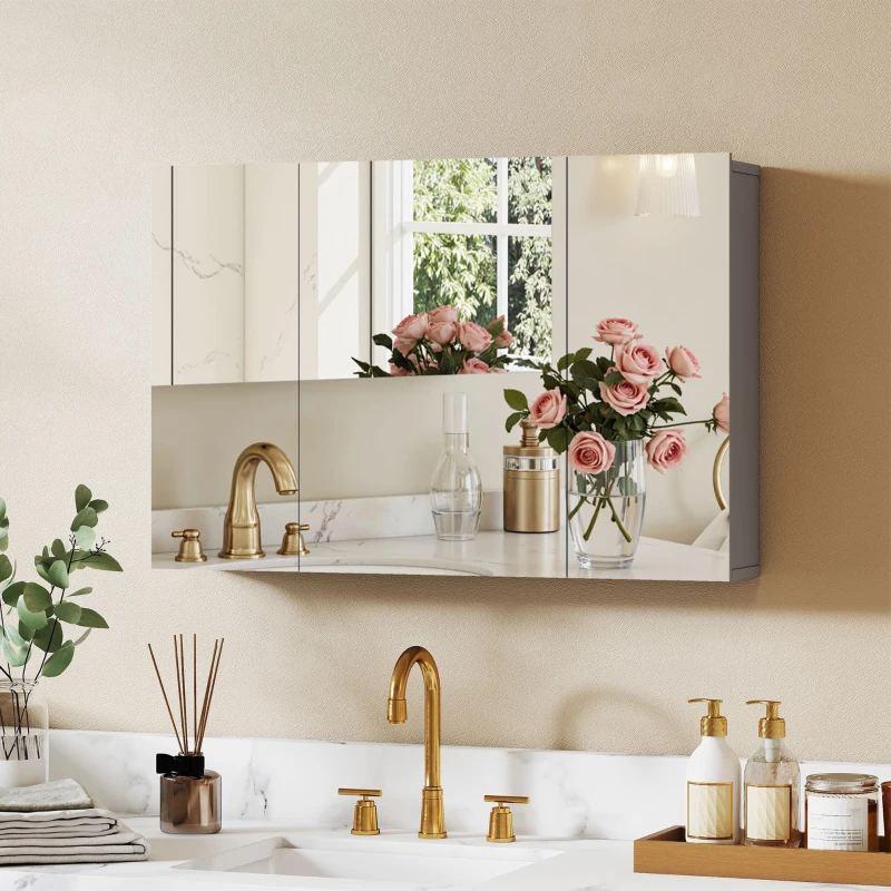 kleankin Armario espejo de baño montado en pared, botiquín con 3 puertas, estantes ajustables, gris