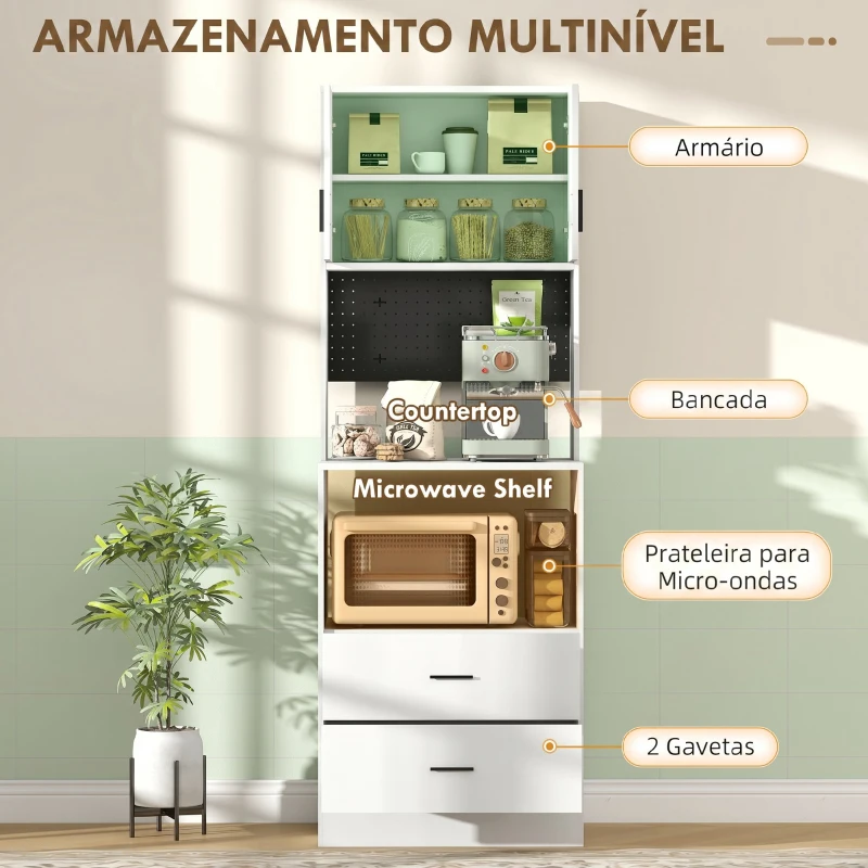 HOMCOM Móvel Auxiliar de Cozinha com Suporte para Micro-ondas 2 Gavetas 2 Portas e Painel Perfurado de Metal Branco