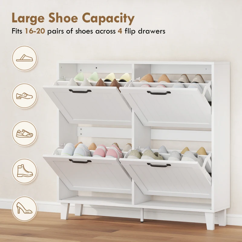 HOMCOM Mobile Scarpe, 4 Cassetti Ribaltabili, Salvaspazio con Ripiani Regolabili, Bianco